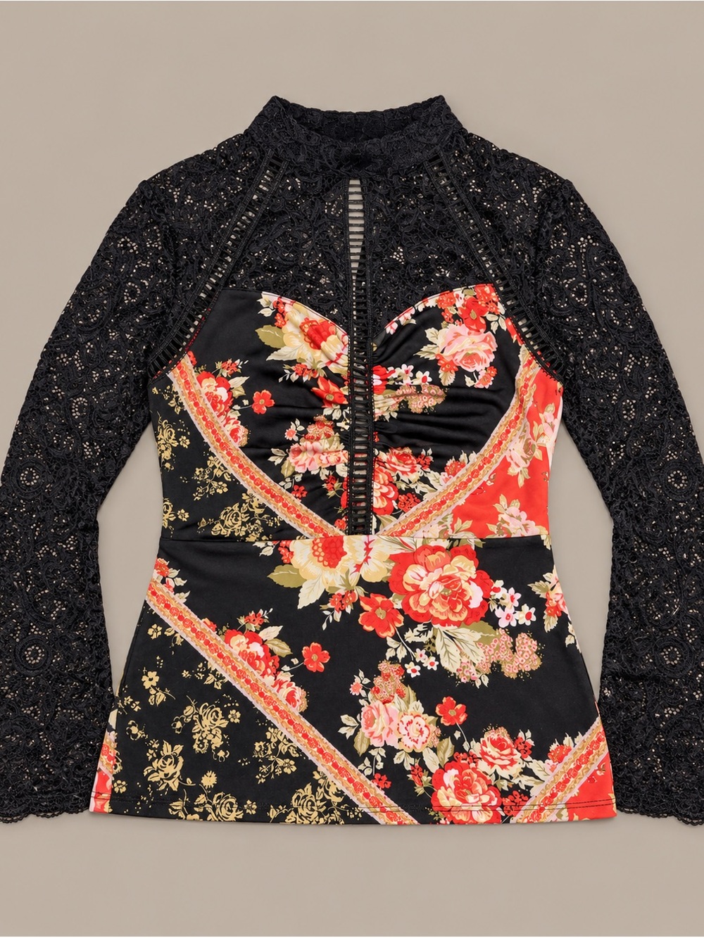 Floral Lace Panel Long-Sleeve Women's Top - Black and Orange